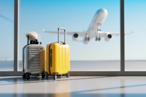 Image of suitcases and a plane linking to an article to find 10 tips to travel cheap.
