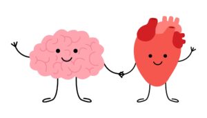 Brain icon on the left holding hands with a heart icon
